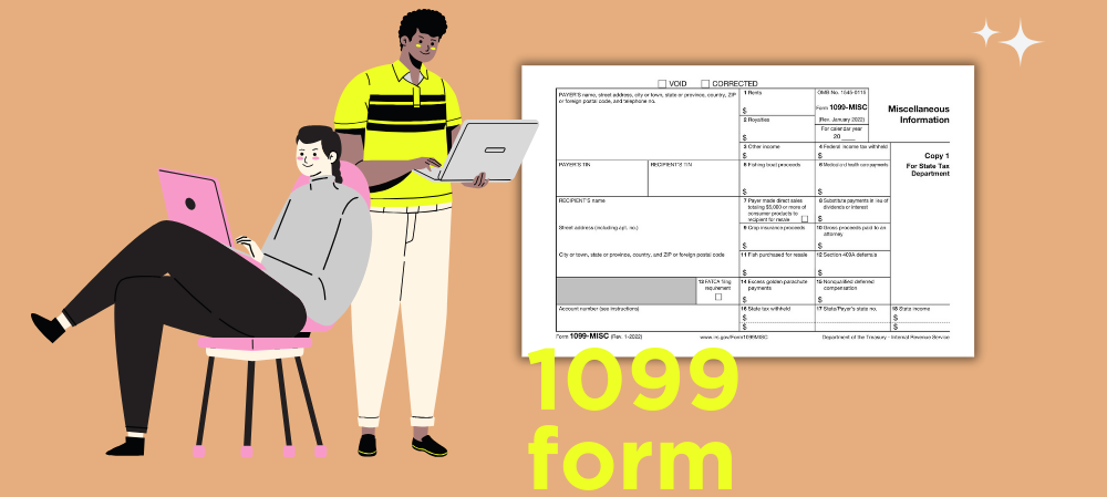 The image of two people and the 1099 form copy at the background